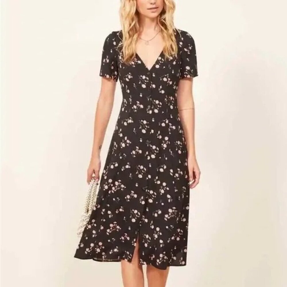 NEW Reformation Locklin Black Floral Midi Dress in Ensenada $218